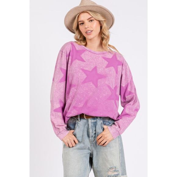 SAGE + FIG Mineral Wash Star Graphic Print Long Sleeves T-Shirt | Moonlit Mauve - Picture 6 of 7